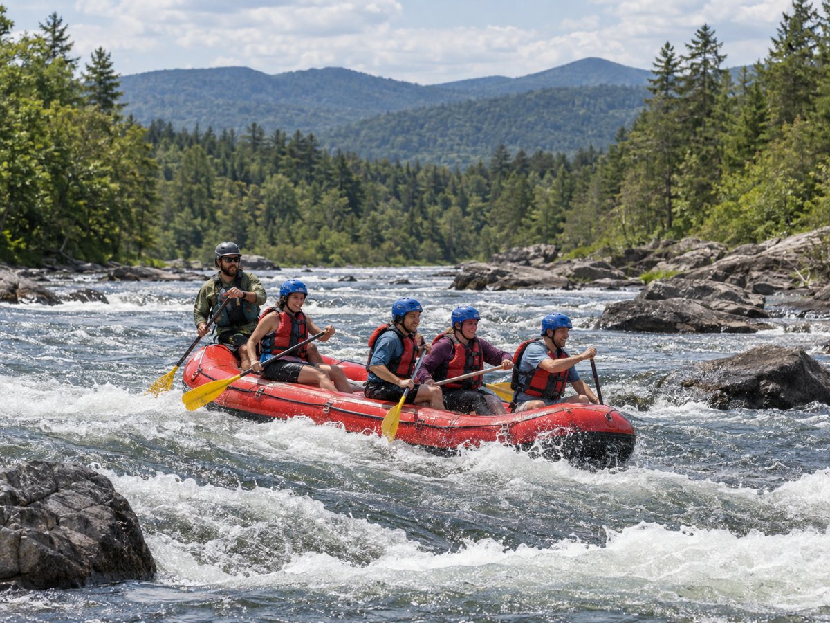 Photorealistic concept illustration of guided whitewater rafting