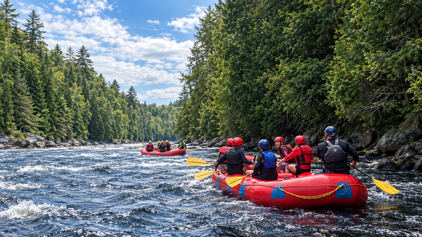 AI-recreated scene based on a rafting photograph: red rafts in a forested river gorge