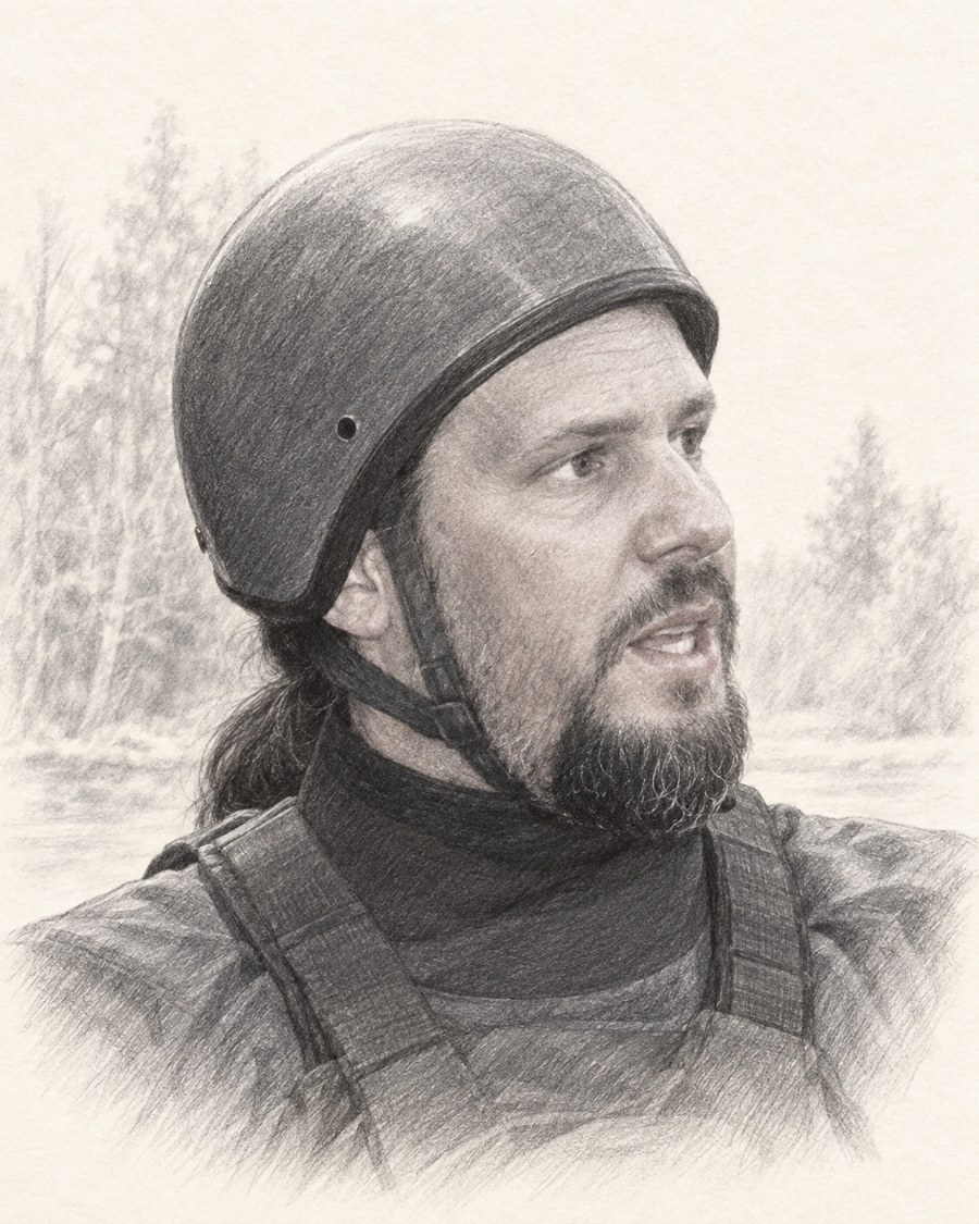 Graphite-style portrait of Nate Pelton based on his official guide photograph