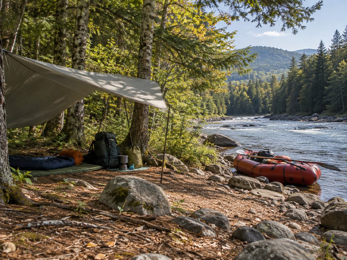 Photorealistic concept illustration of a simple riverside campsite