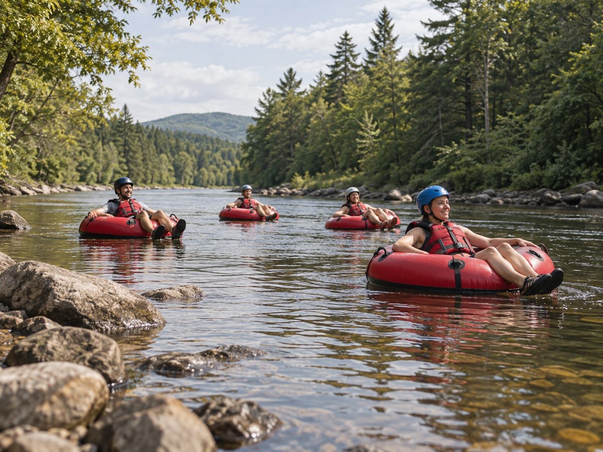 Photorealistic concept illustration of a relaxed river tubing trip